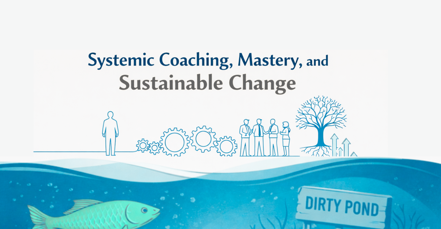Illustration representing systemic coaching and sustainable change, showing interconnected systems, leadership development, and the clean fish dirty water metaphor